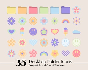35 Pastel Retro Flower Desktop Folder Icons for Mac & PC | Mac Icons | Windows Icons | 70s Vibes Pastel Desktop Organizer Aesthetic | Bundle