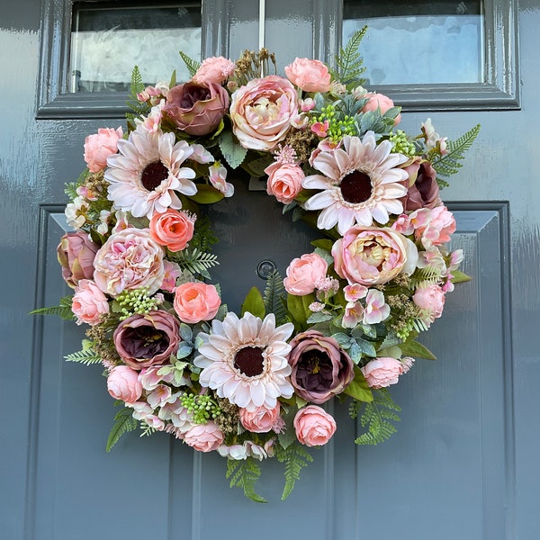 Sunflower & Rose Artificial Wreath / Gift, Home Decoration / Door Decor / Roses, Berries, Blossom / UV Sprayed / Summer Vibes / Peach Pink