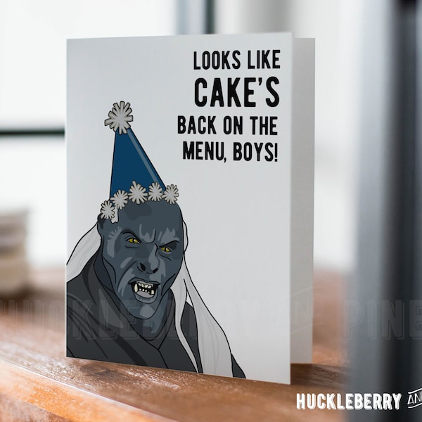 Tarjeta de cumpleaños con el mensaje "El pastel está de vuelta en el menú", divertida tarjeta de cumpleaños de fantasía, divertida tarjeta de cumpleaños
