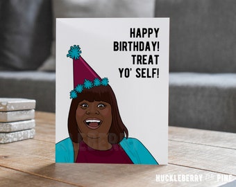 Funny Donna "Treat Yo Self" Birthday Card, Birthday Humor, Friend Humor, Handmade Pop Culture Greeting Card