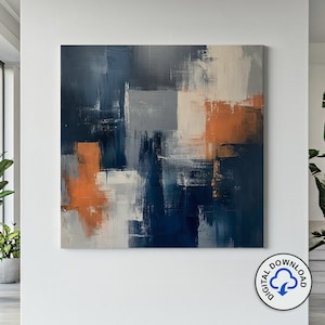 Könnte beinhalten: Abstraktes Gemälde mit geometrischem Design in Blautönen, Grau, Weiß und Orange. Das Gemälde besteht aus Farbfeldern, die übereinander gelegt sind.