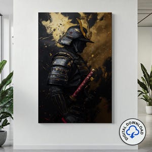 Samurai Warrior Printable Wall Art,  Gold and Black Japanese Artwork, Bushido Decor, Modern Printable Art for Office or Home