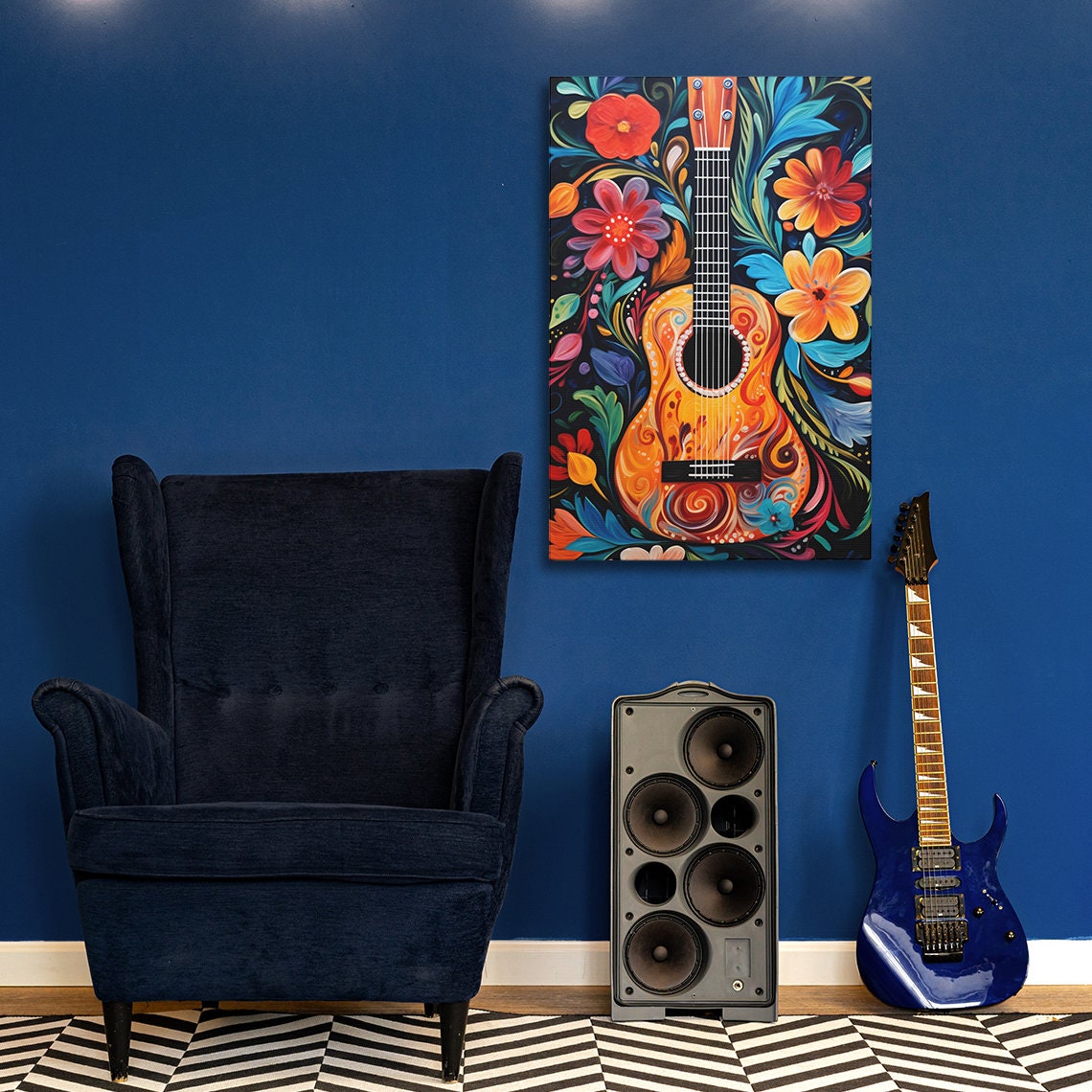 Boho Acoustic Guitar Floral Canvas Painting Colorful Ukulele Guitar