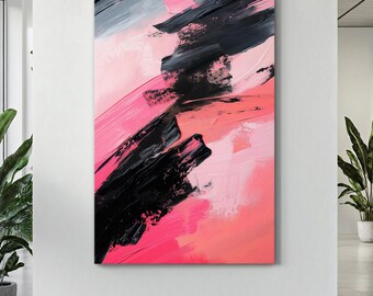 Bold Abstract Canvas Wall Art with Pink and Black Strokes, Modern Wall Decor for Home and Office Decoration