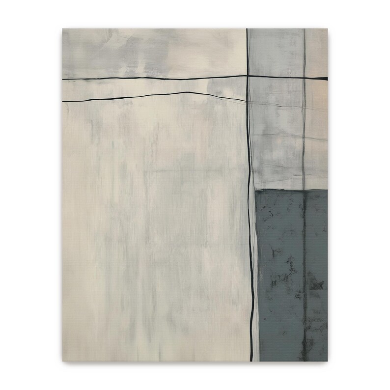Peut inclure: Peinture abstraite au design minimaliste. L'&oelig;uvre pr&eacute;sente une grande zone blanche, une section grise et une section gris fonc&eacute;, toutes s&eacute;par&eacute;es par de fines lignes noires. La peinture a un aspect textur&eacute;.