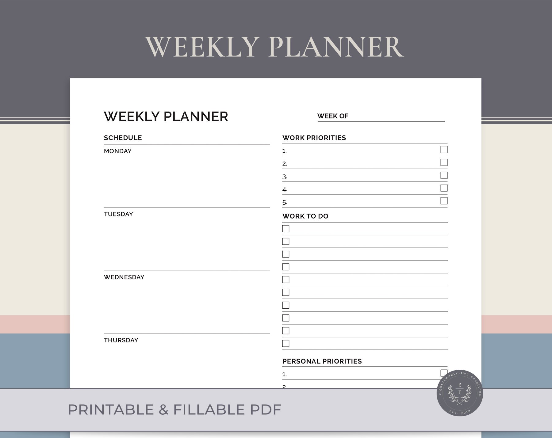 Weekly Planner, Printable and Fillable PDF, Work From Home Sheet - Etsy