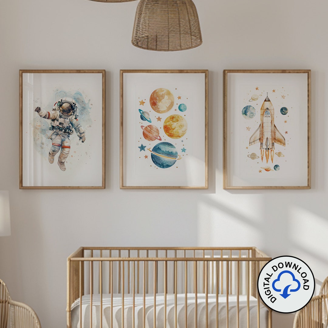 Nursery Wall Art Set of 3 Printable Wall Art, Astronaut, Space Shuttle ...