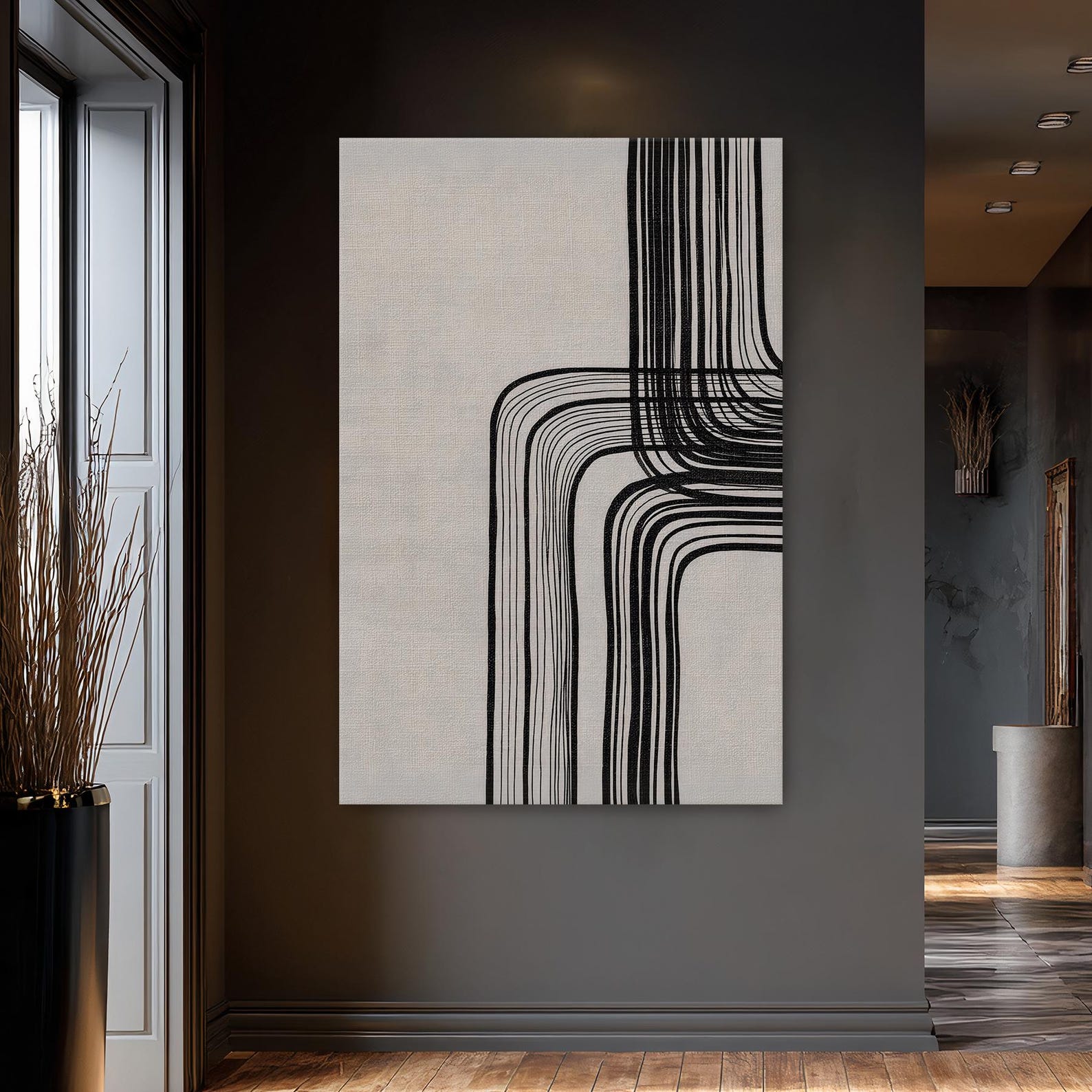 Minimalist Abstract Line Art, Bold Black and Cream Wall Art ...