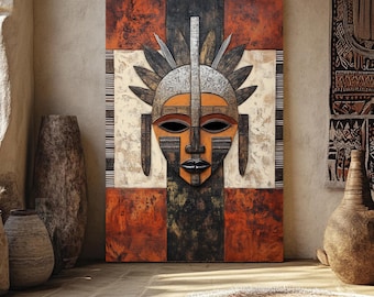 African Tribal Mask Canvas Giclee Print Wall Art, Abstract Painting, Modern Home and Office Decor