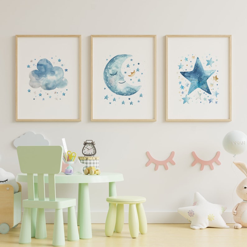 Celestial Nursery Decor Set - Moon, Star, and Cloud Printable Wall Art ...