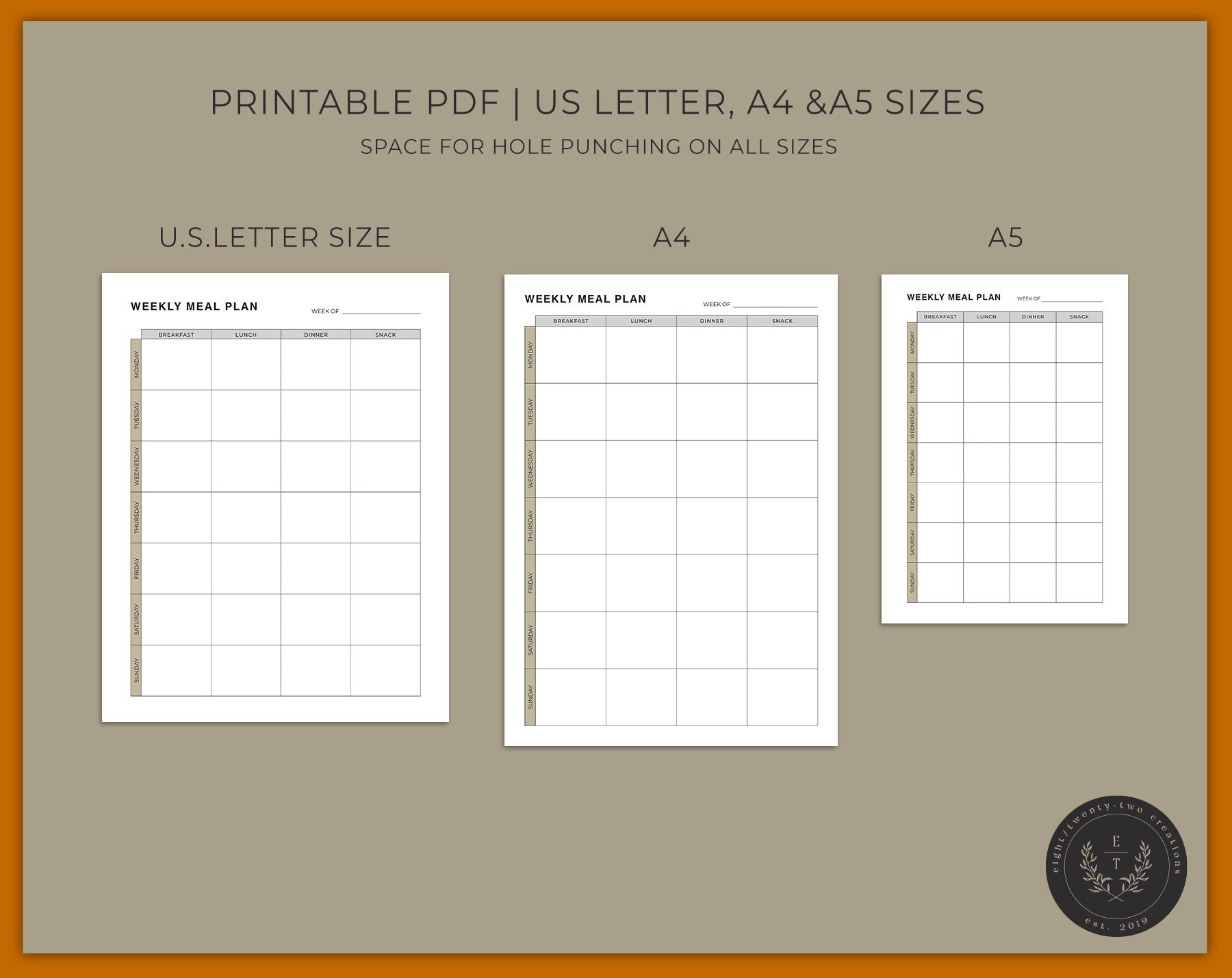 Weekly Meal Planner, Printable Food Tracker, US Letter, A4 and A5 Sizes ...