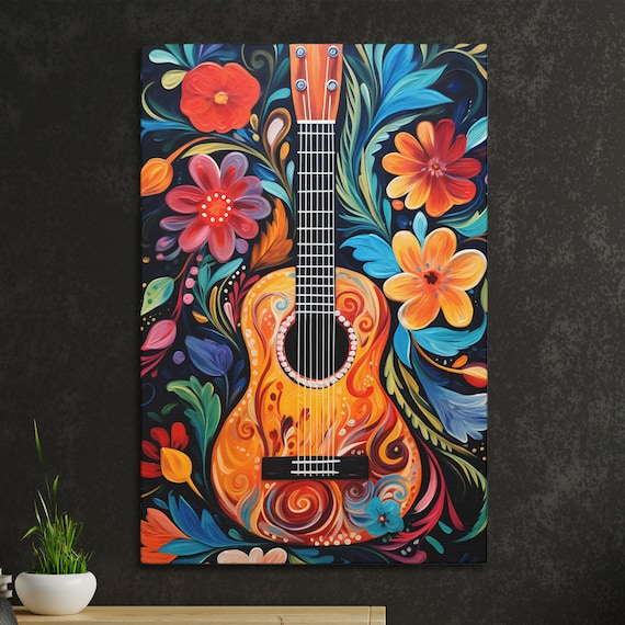 Boho Acoustic Guitar Floral Canvas Painting Colorful Ukulele