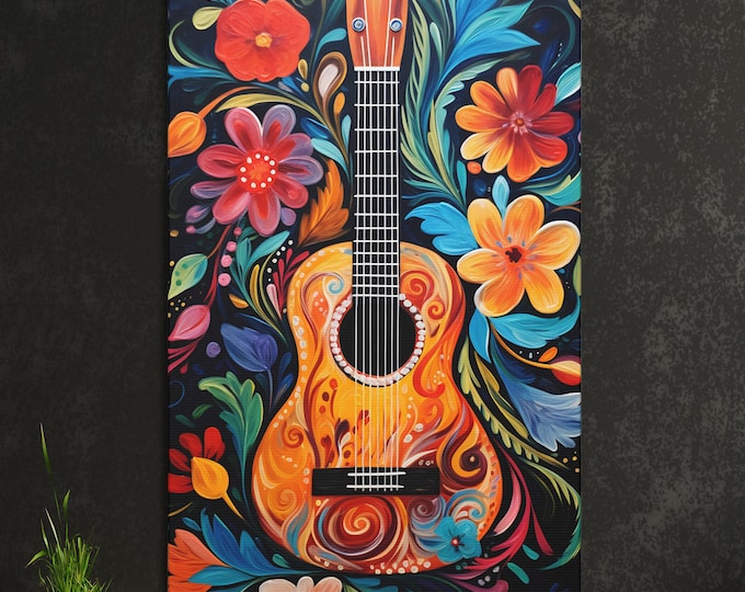 Boho Acoustic Guitar Floral Canvas Painting Colorful Ukulele Guitar Music Home Decor