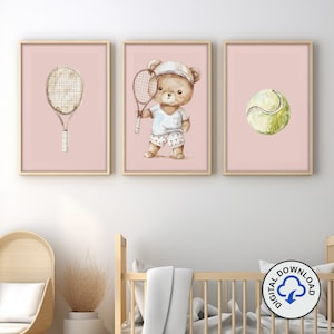 Decoración de pared infantil con temática de tenis: carteles imprimibles de 3 piezas para la habitación de bebés y niños