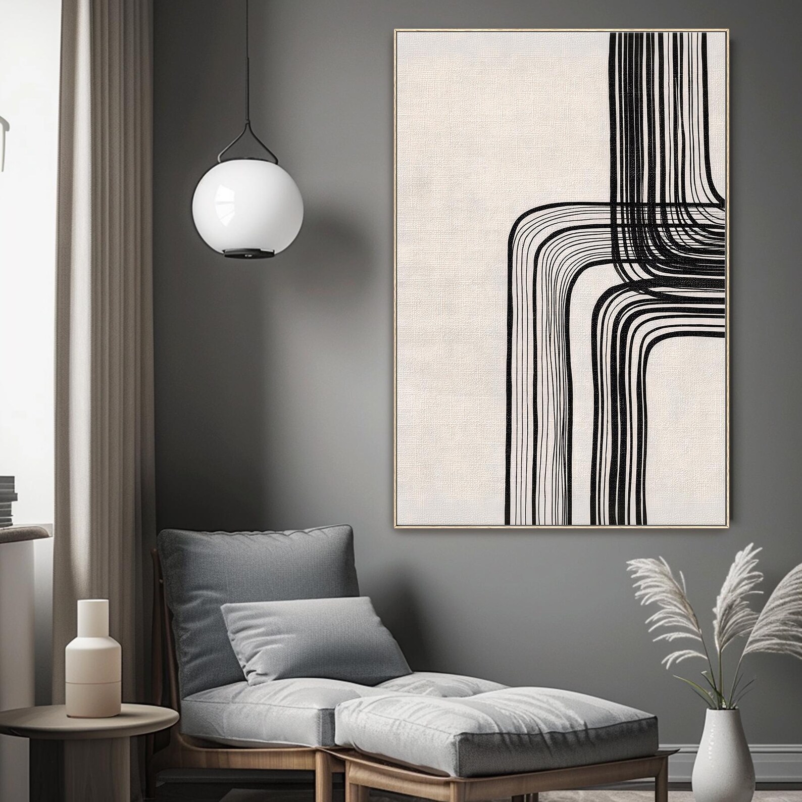 Minimalist Abstract Line Art, Bold Black and Cream Wall Art ...
