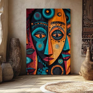 Abstract African Faces Canvas Giclee Print, Colorful Tribal Modern Wall Art for Home & Office Décor