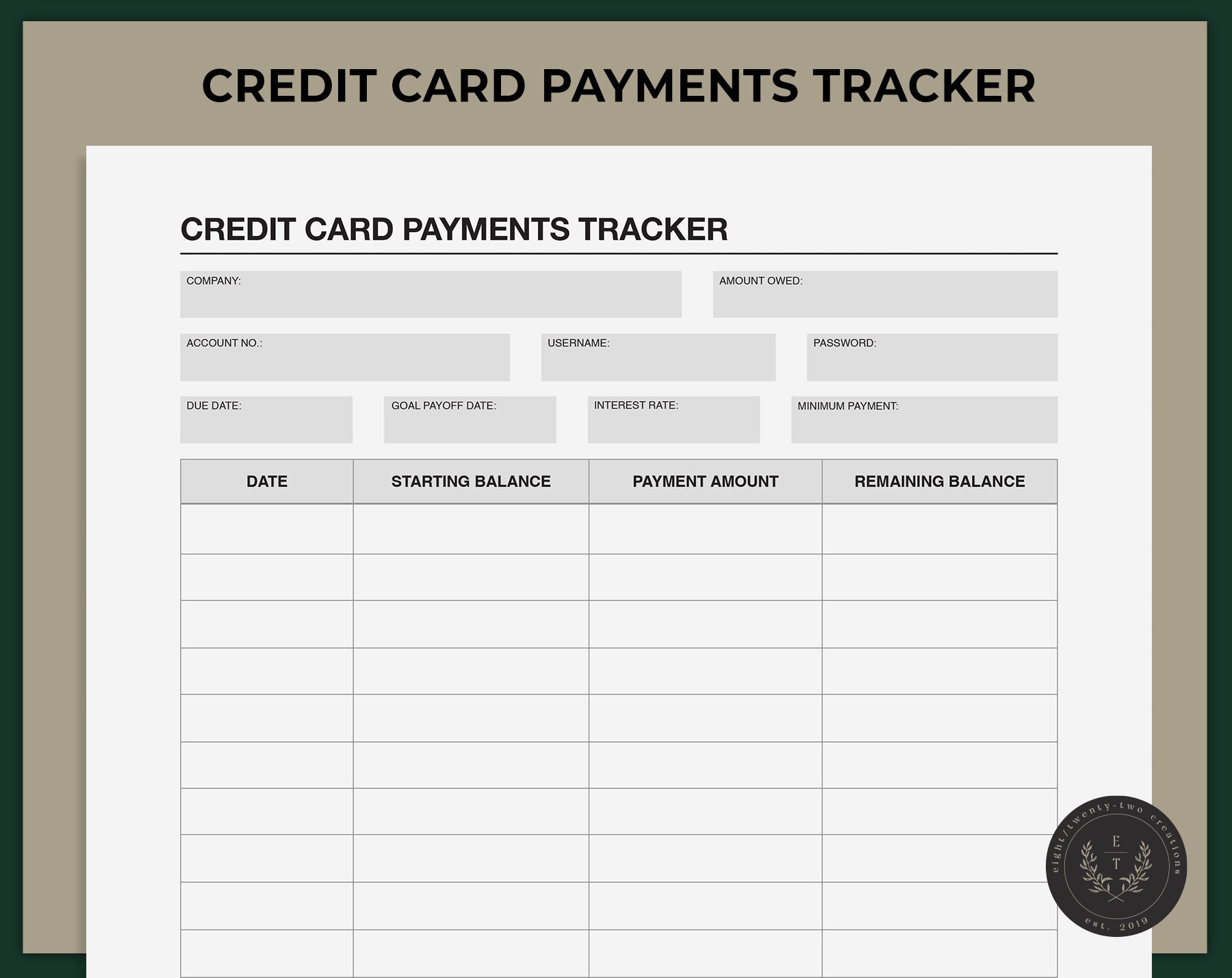 Credit Card Payments Tracker, Printable Debt Tracker, Debt Payoff Log