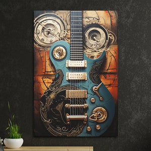 Steampunk Electric Guitar Canvas Wall Art - Dark Academia, Unique Music Decor for Home, Music Room Decor