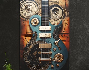 Steampunk Electric Guitar Canvas Wall Art - Dark Academia, Unique Music Decor for Home, Music Room Decor