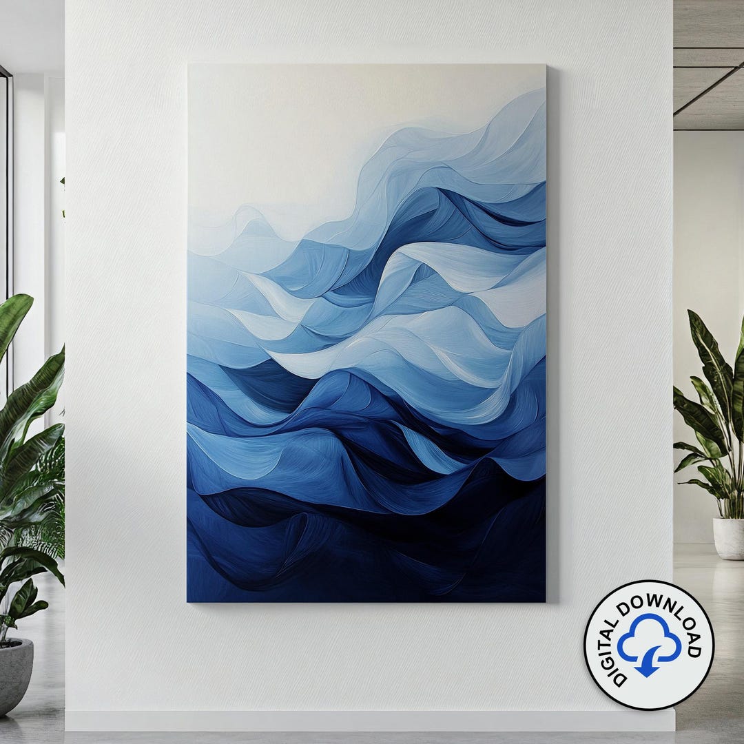 Modern Ocean Waves Abstract Art Print, Blue Fluid Design (digital ...