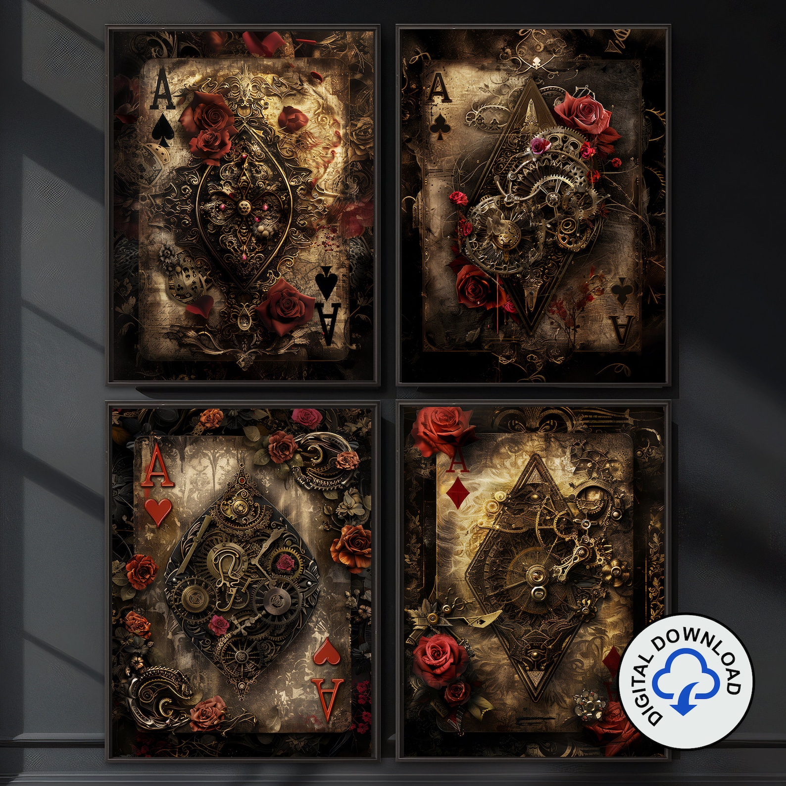 Steampunk Playing Card Wall Art Set 4 Piece Printable ACE Collection ...