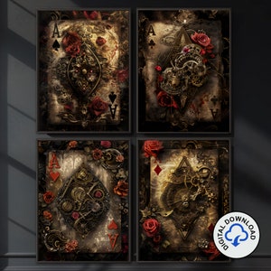 Speelkaartmuurkunstwerkset, 4-delige printbare kunst in steampunkstijl, ACE-collectie, decor Dark Academia