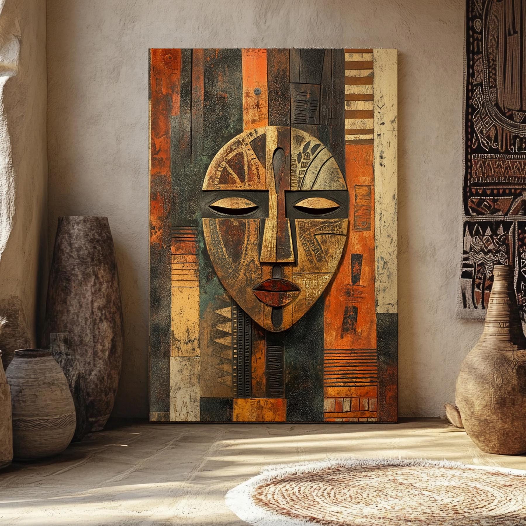 African Tribal Mask Wall Art – Modern Abstract Canvas Giclee Print for Home & Office Décor