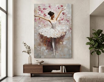 Ballerina Canvas Wall Art, Pink Ballet Dancer Painting, Girls Bedroom Dance Studio Decor