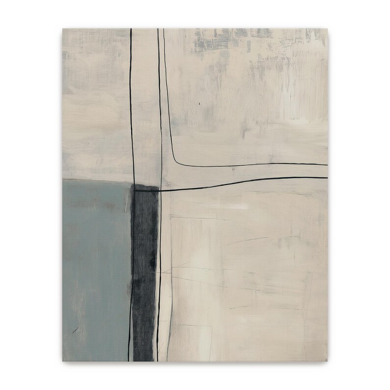 Peut inclure: Impression d'art abstrait aux tons neutres. L'&oelig;uvre pr&eacute;sente un fond beige clair avec un carr&eacute; gris-bleu dans le coin inf&eacute;rieur gauche. Des lignes noires cr&eacute;ent des formes g&eacute;om&eacute;triques.