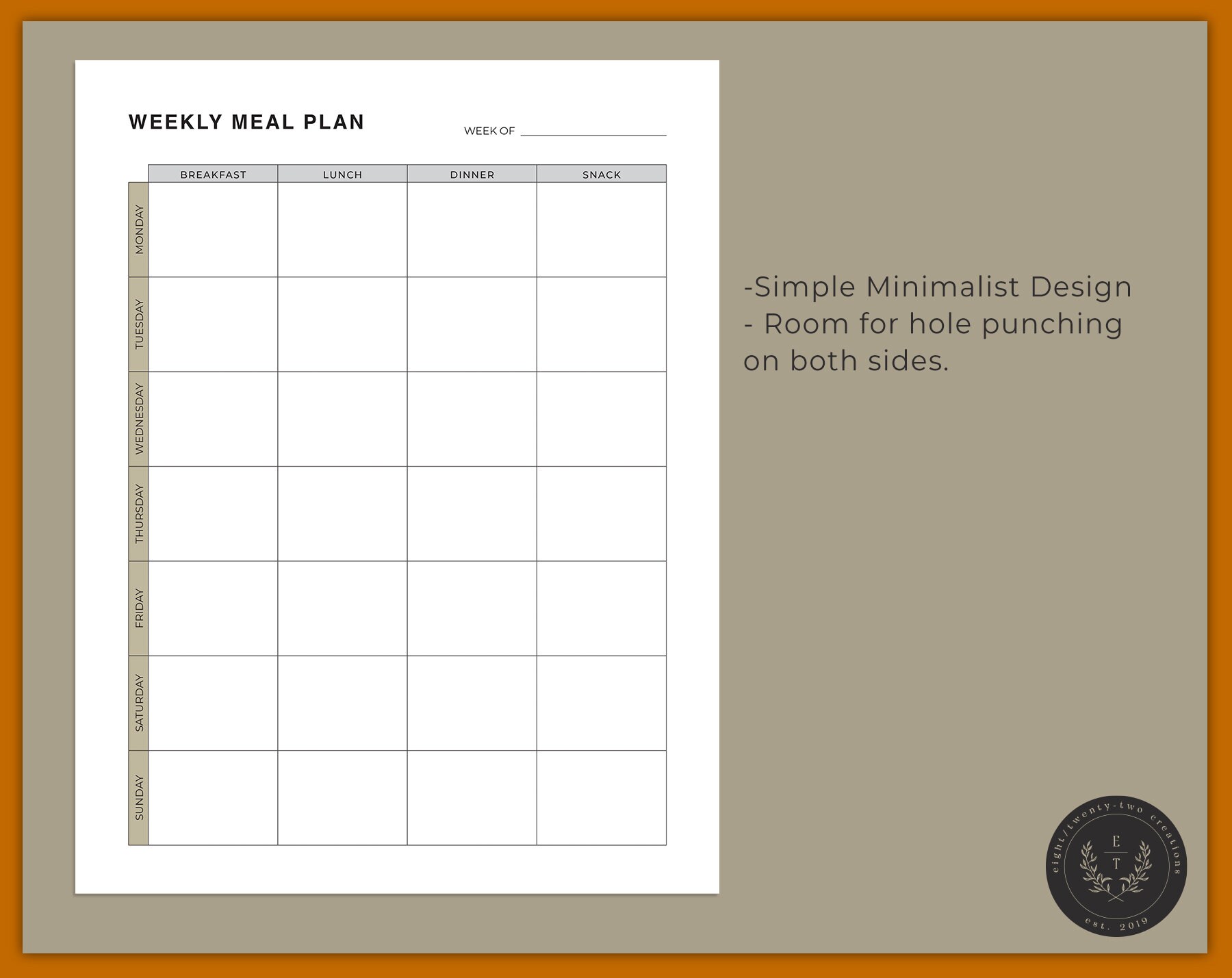 Weekly Meal Planner, Printable Food Tracker, US Letter, A4 and A5 Sizes ...