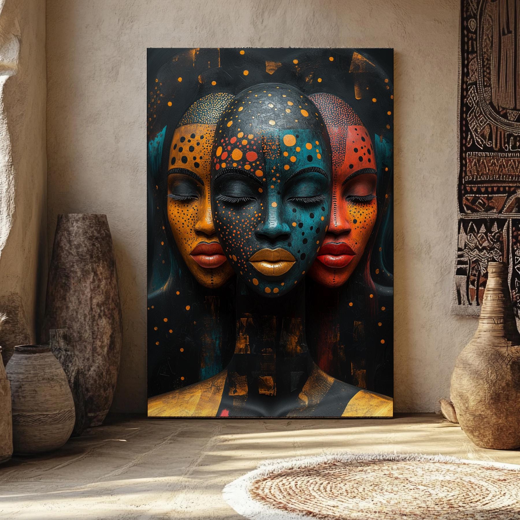 Contemporary Abstract African Art Canvas Giclee Print - Vibrant Tribal Faces Wall Painting Decor