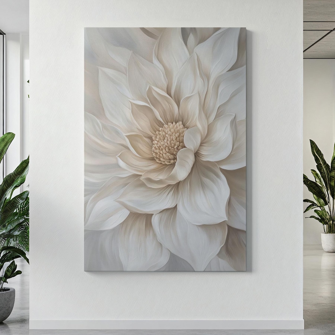 White Floral Wall Art on Canvas, Minimalist Flower Home Living Room ...