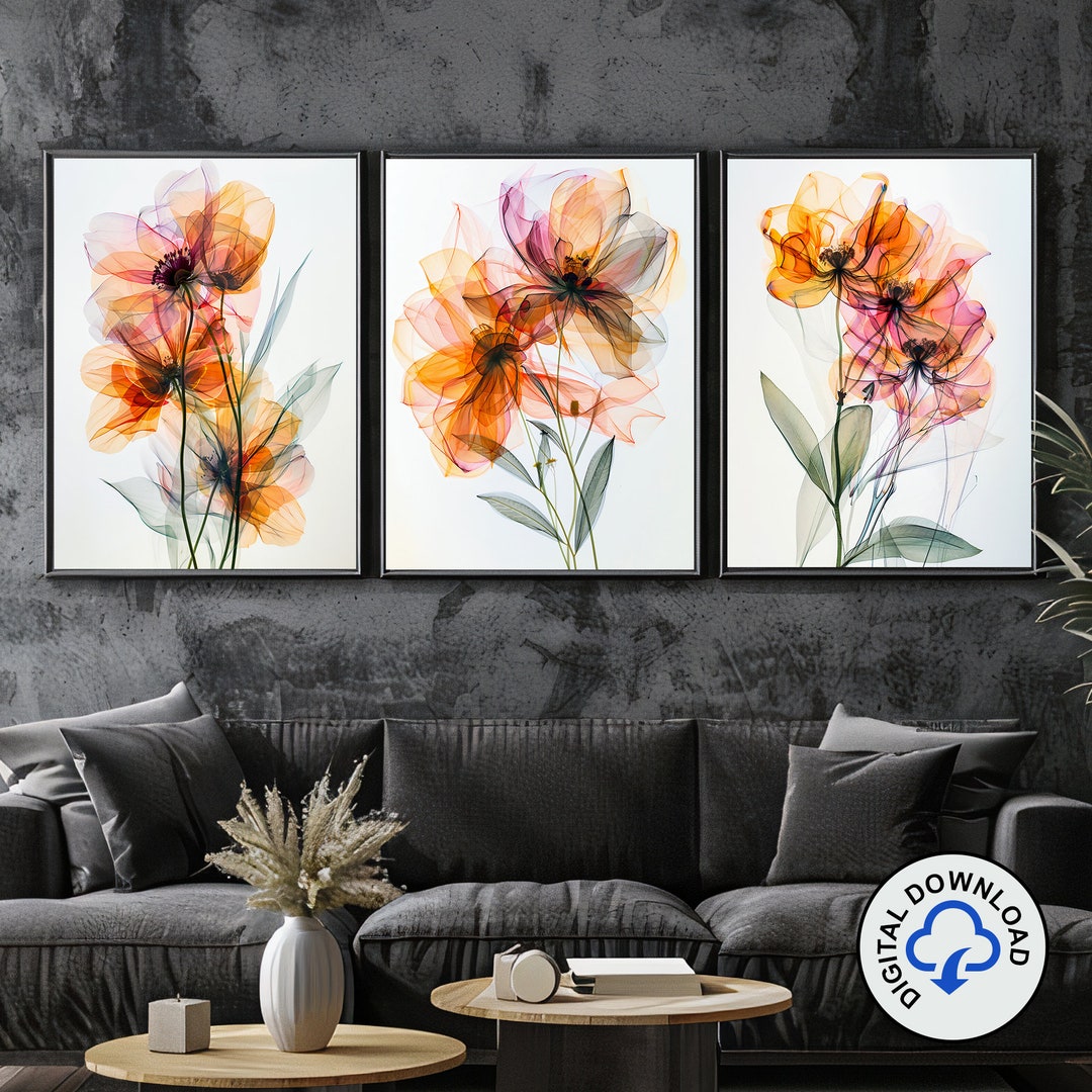 Modern 3 Piece Floral Wall Art Set, Printable Abstract Botanical Decor ...