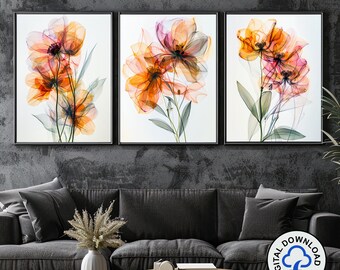 Ensemble 3 pièces d'art mural floral moderne, décoration botanique abstraite imprimable