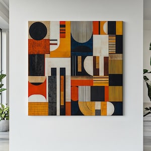 African Abstract Artwork Canvas Print | Modern Geometric Wall Art | Orange Black Navy Ethnic Decor | Ready to Hang Tribal Painting