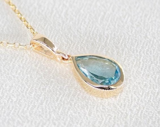 Featured listing image: 14K Aquamarine Pear Birthstone Gold Necklace March Birtstone Drop 14K Solid Aquamarine Gold Pendant