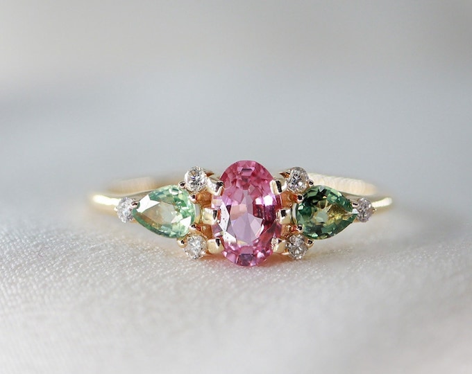 Featured listing image: 14K Oval Pink Sapphire Gold Ring Pear Green Sapphire Gold Ring Diamond Gold Ring
