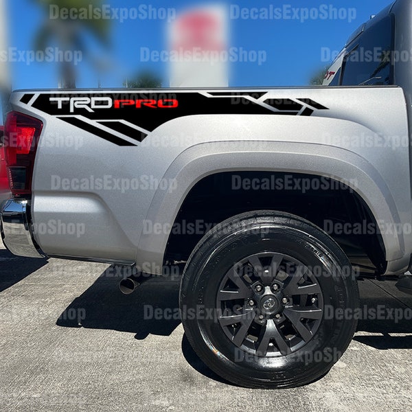 TRD PRO in RED Stripe Decal Fits Bedside Toyota Tacoma Truck Sticker Vinyl in 6 colors (2 pieces).