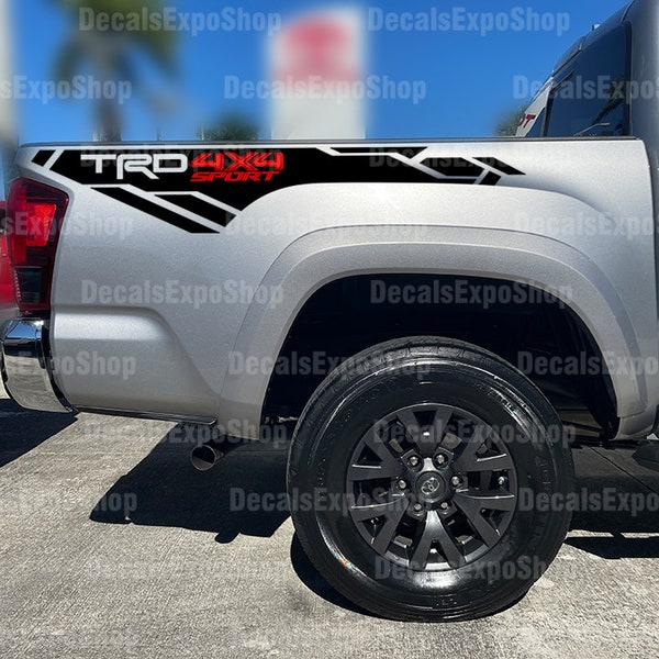 TRD SPORT 4x4 in RED Stripe Decal Fits Bedside Toyota Tacoma Truck Sticker Vinyl in 6 colors (2 pieces).