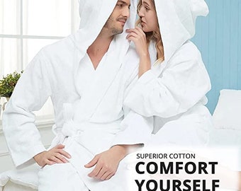 Bath Robe 100% Egyptian Cotton Terry Towelling Hooded Robe Gown Luxury and Super Soft Unisex Bathrobe for Men Women Cozy Gown Hotel and Spa