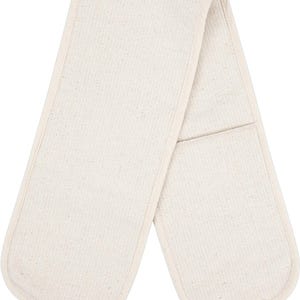 May include: Cream-coloured double oven glove made from a woven material. It features a pocket on each side for the hands and a contrasting trim around the edges. Designed to protect hands from heat when handling hot cookware.