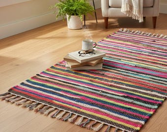 Handmade Cotton Chindi Rug – Multicolored Striped Reversible Mat