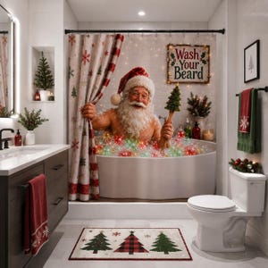 May include: A bathroom features a shower curtain with a red and white snowflake pattern, a white bathtub filled with colorful bubbles, and a Santa Claus figure holding a small tree. A sign on the wall reads Wash Your Beard, and a rug displays three trees.