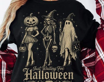 Just Waiting For Halloween Png,Vintage Skeleton Halloween Quote Png, Spooky Season Png, Gothic Retro Art (Digital Download)