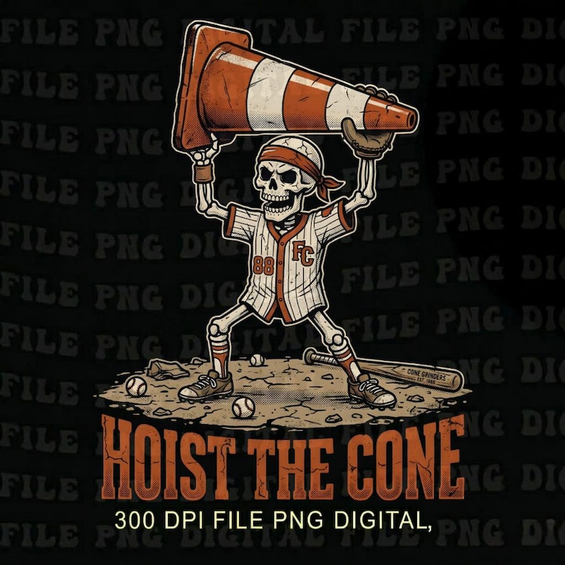 May include: A digital illustration of a skeleton baseball player holding a traffic cone. The skeleton wears a baseball uniform with the number 88 and the letters FC. The text "HOIST THE CONE" is below the skeleton.