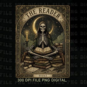 Op de afbeelding: Digitale illustratie van een tarotkaart getiteld "The Reader". De kaart toont een skeletachtige figuur in een gehoodde mantel, zittend in een meditatieve pose bovenop een stapel boeken. Een halve maan en een sterrenhemel vormen de achtergrond. Het ontwerp van de kaart bevat decoratieve randen en het woord "BOOKS".