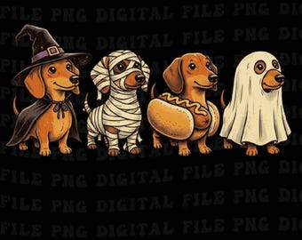 Divertidos perros salchicha de Halloween png, Bruja Momia Perro caliente Fantasma Fiesta de Halloween png, Perro salchicha espeluznante de Halloween png, Lindo clipart canino