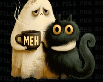 Ghost Cat PNG, Cute Black Cat Coffee PNG, Halloween Cat Clipart, Spooky Feline Graphic, Funny Introvert Cat Sublimation