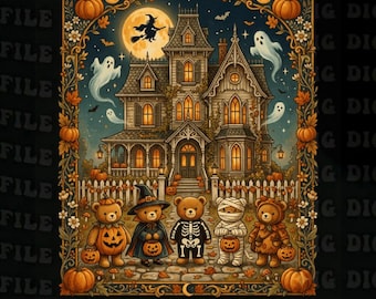 90s Bears Halloween Trick Or Treat Fall Season Png,Retro Bear Halloween Clipart Autumn Party png, Vintage Spooky Forest Art png