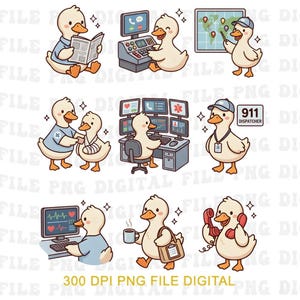 May include: A collection of cartoon ducks in various professions. The ducks are depicted as a dispatcher, a doctor, a 911 operator, and a world map presenter. The image includes the text "300 DPI PNG FILE DIGITAL".